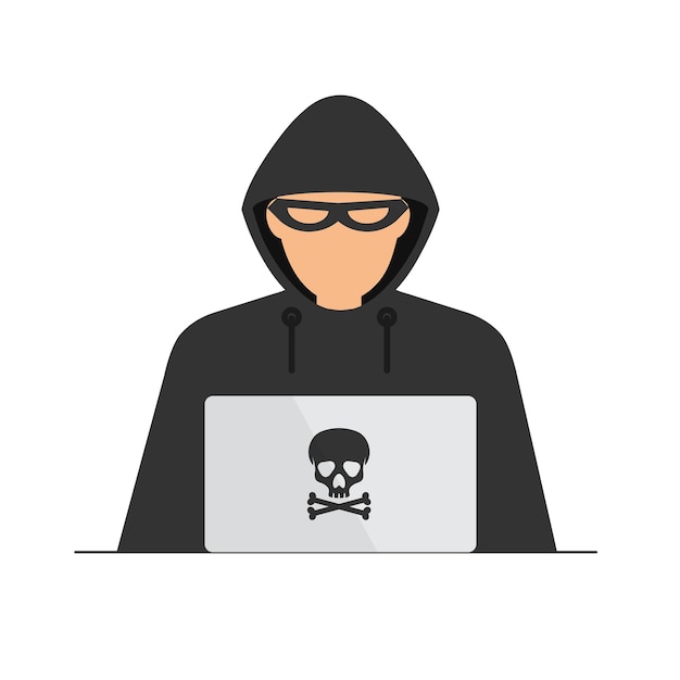Hacker in black hood or cyber criminal at laptop Process of stealing users personal data