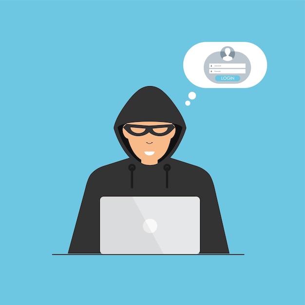 Hacker in black hood sitting at the desktop Cyber criminal hacking user login Stealing process