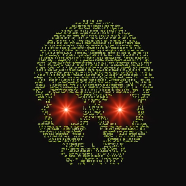Hacker skull made of binary code Concept of cyber attack or computer virus