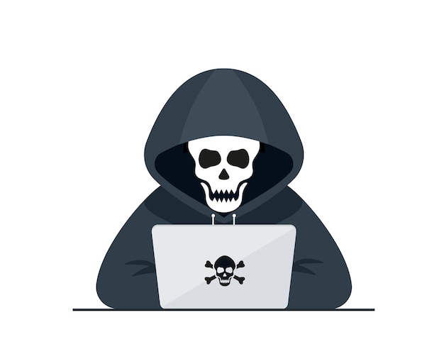 Hacker vector concept Unknown man stealing data from the email while using laptop