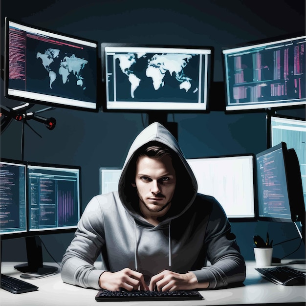 hacker working in the office cyber crime concept hacking concept hacker working in the office cyb