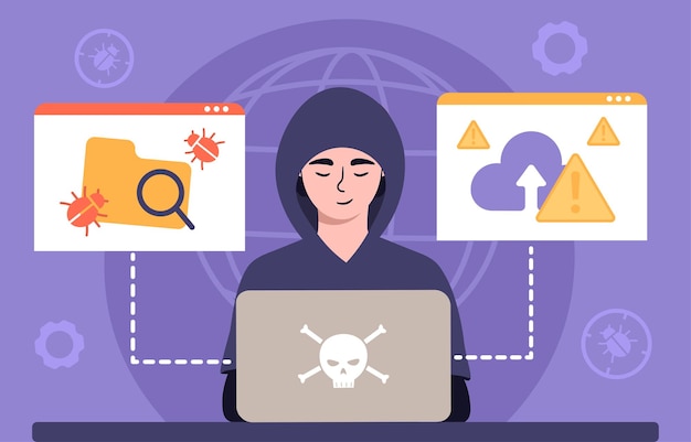 Hacking activity concept Man in black hoodie got access for cloud service Cybercrime and hacking of security systems on server Cartoon flat vector illustration isolated on white background