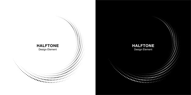 Halftone circle dotted frame circularly distributed set. Abstract dots logo emblem design element. Round border Icon using halftone circle dot texture.