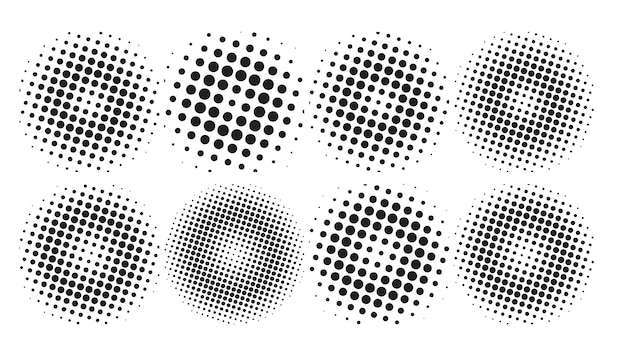 Halftone circle shapes background design vector set of eight