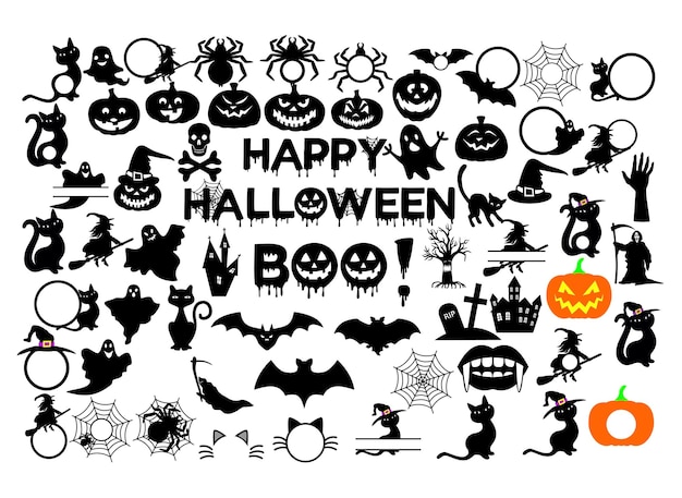 Halloween silhouettes Witch pumpkin grim reaper cobweb spider black cat dry scary trees ghos