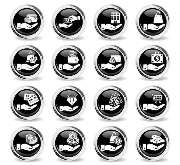 Hand and money icons on round black buttons with metal ring