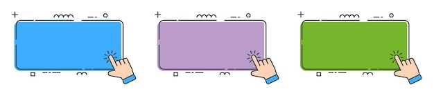 Hand cursor with click here banner vector set Action button with mouse click