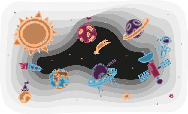 Hand draw space illustration with a rocket astronaut planets and aliens cute children s vector drawi