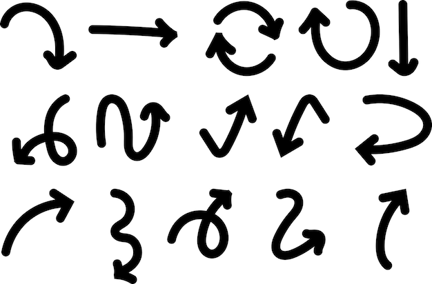 hand drawn black curved arrow set swirl and loop doodle arrows with transparent background