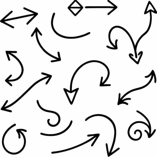Hand drawn black doodle arrows pointers direction signs set