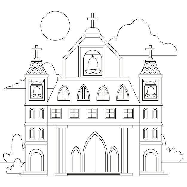 Hand drawn church  coloring page illustration