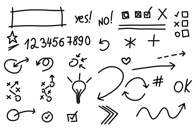 Hand drawn collection arrows, check mark, cross mark, vector line icons