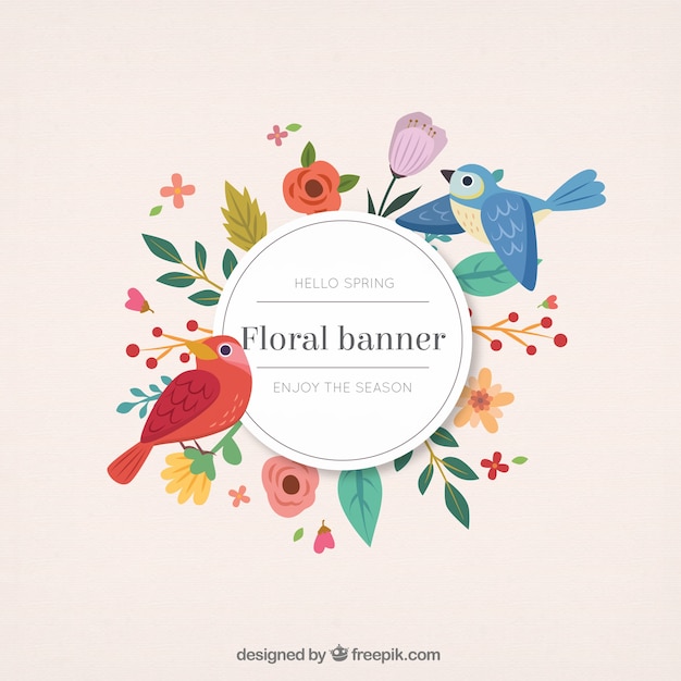hand drawn cute birds with floral banner