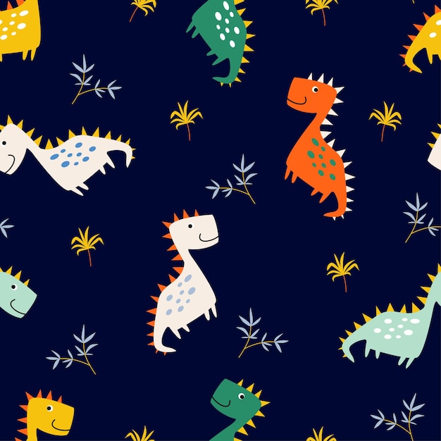 Hand drawn cute dinosaurs and leaves seamless pattern childish playful characters and colorful