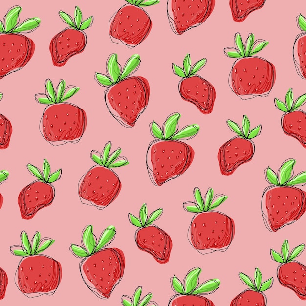 Hand drawn cute doodle strawberry, pink seamless pattern. Red berry, food for kitchen, paper.