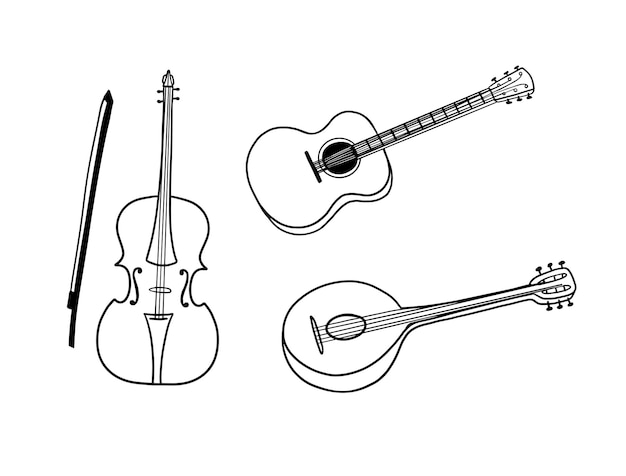 hand drawn doodle of classical violin and guitar musical instrument vector illustrations set