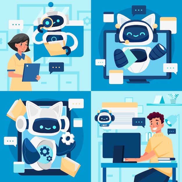 Hand drawn flat conversational ai chatbot illustration set