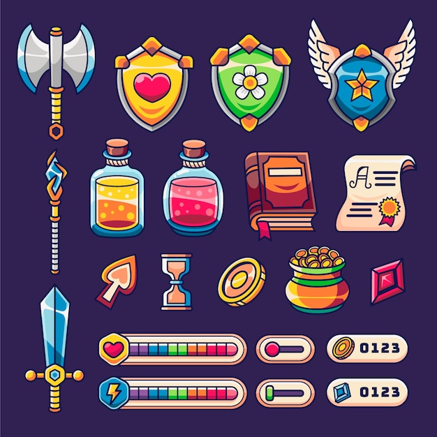 Hand drawn game assets collection illustration