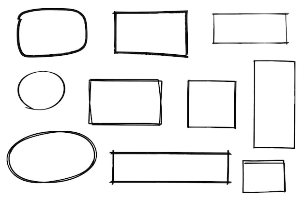 Hand drawn grunge doodle frame set marker pen line strokes square circle rectangle oval ellipse border design elements