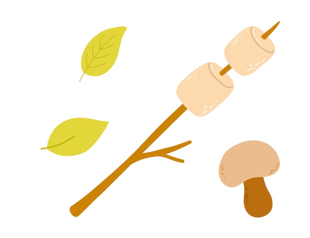 Hand drawn Marshmallow roasted on wooden stick cartoon vector illustration isolated on white