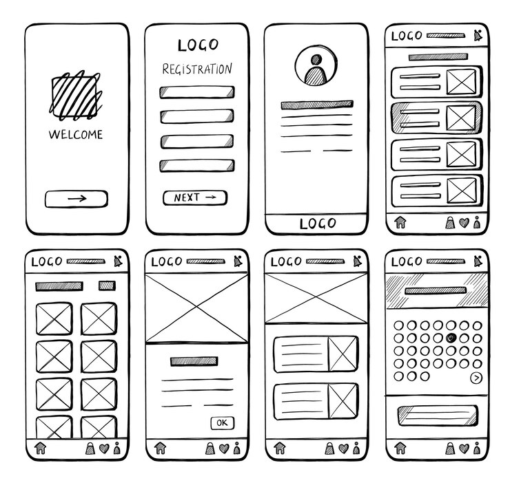 Vector hand drawn mobile website layout sketch pencil doodle ui elements for web site simple wireframe page templates with buttons and arrows vector graphic