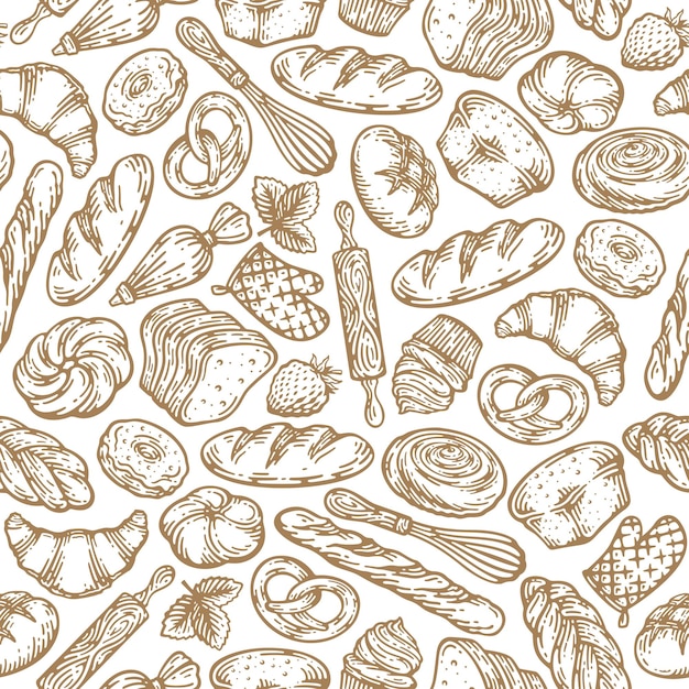 hand drawn seamless pattern of bread and bakery products illustration