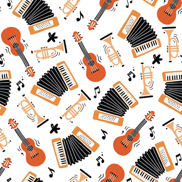 hand drawn seamless pattern of musical instrument. flat sketch style.