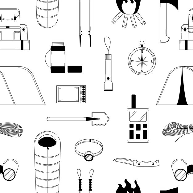 Hand drawn seamless pattern with elements for hiking and camping Doodle style Sketch Vector
