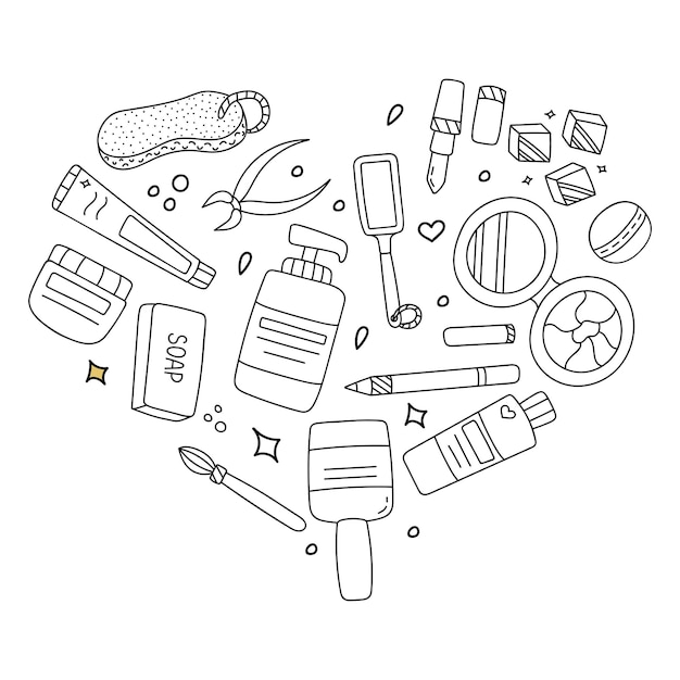 Hand drawn set about beauty care and cosmetics