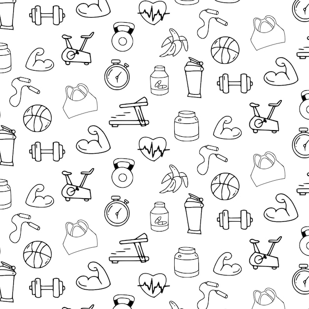 hand drawn set of gym fitness doodles vector background seamless pattern illustration