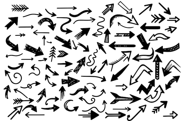 Hand drawn thin line arrows set