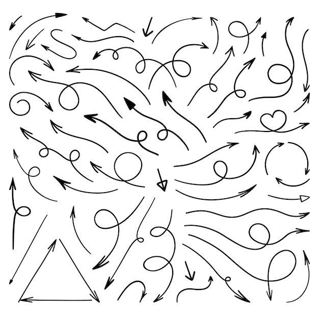 Hand drawn vector arrows.  Thin line vector arrow. Curly and swirly pointer doodles. Calligraphy set