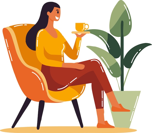 Hand Drawn woman character sitting and drinking coffee in flat style