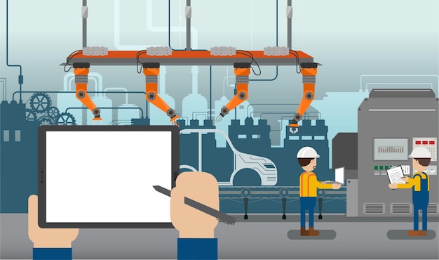 Hand hold empty screen tablet in automobile factory with robot assembly line and engineers flat design vector illustration