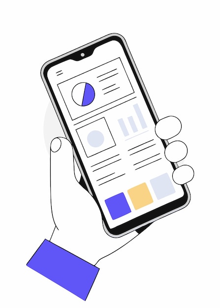 hand holding smart phone demonstration dashboard prototype mobile app with flat cartoon style on white background