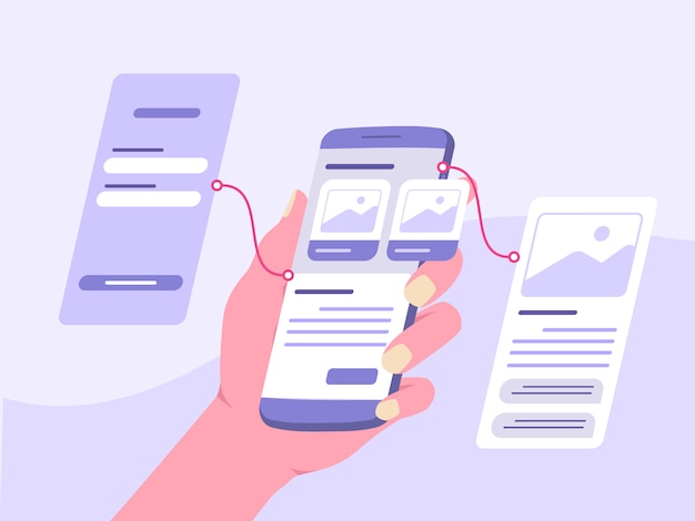 hand holding smart phone demonstration dashboard prototype mobile app with flat cartoon style.