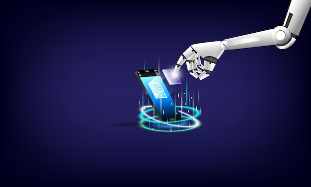 Hand of robot are touching on a hologram QR code of phone Futuristic technology artificial intelligence Hitech mobile of data analysis Visual reality glowing interface Abstract background
