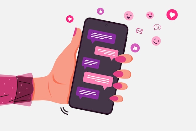 hand of woman holding a mobile phone with message bubble chats on screen social media chat with friends and send emotion icons vector illustration