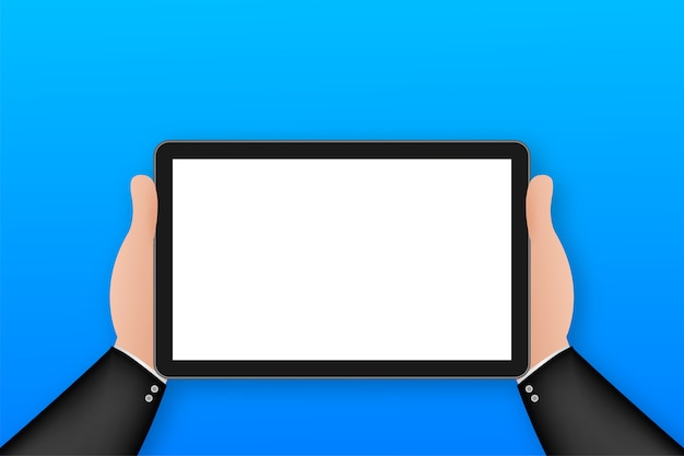 Hand on tablet in cartoon style. Using digital tablet pc.