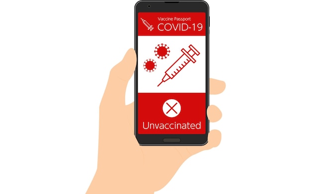 hand showing vaccine passport smartphone app proving coronavirus vaccination unvaccinated