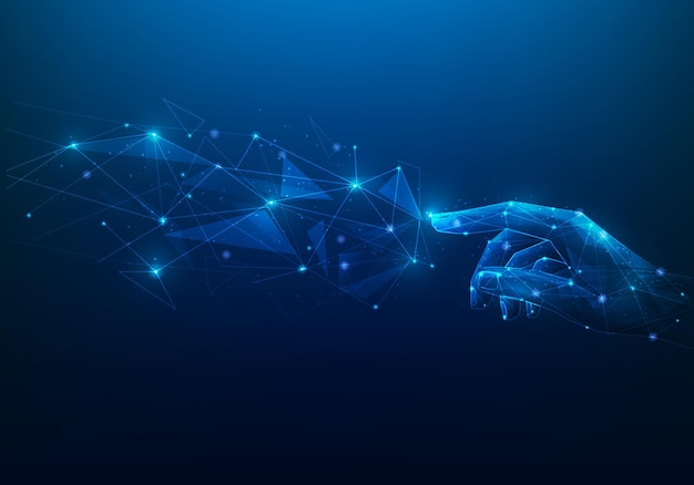 hand touching line dot technology network global connection blue background business technology