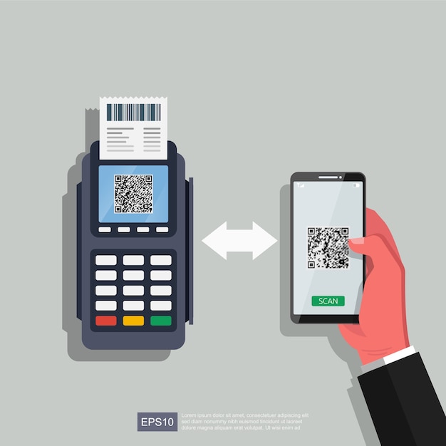 hand using smartphone and dataphone with scan code qr  illustration. technology for business.
