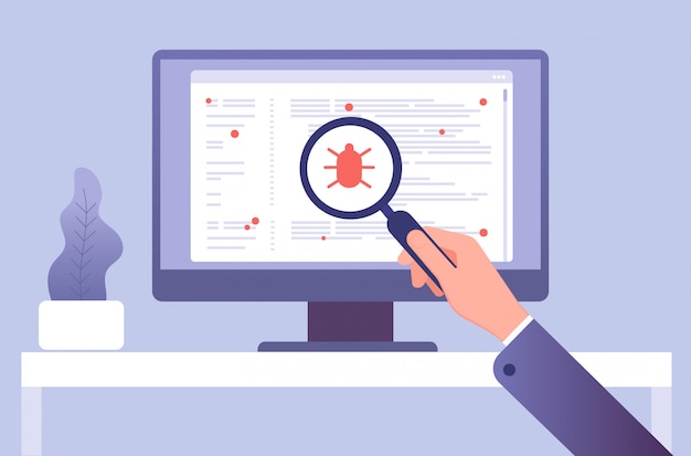 hand with magnifying glass testing software on pc screen