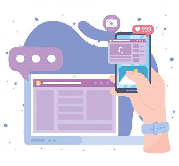 hand with smartphone laptop content follow chat social network communication and technologies