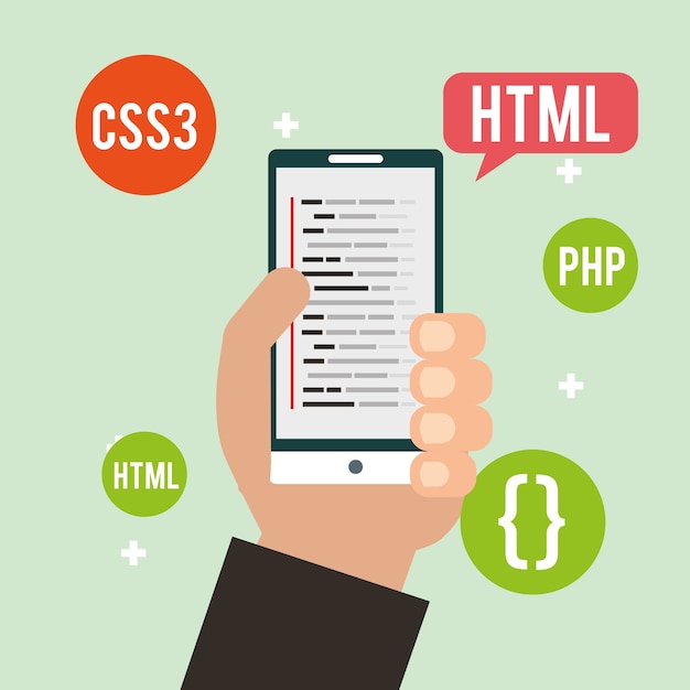 hand with smartphone program coding language software