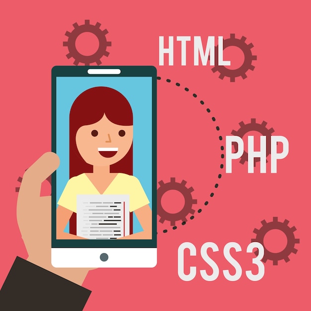 hand with smartphone woman program coding languages 