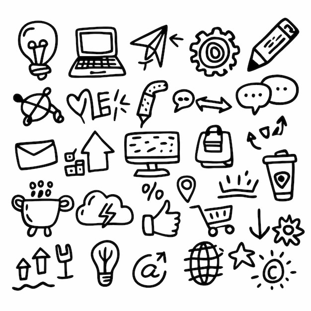 Handdrawn black and white doodle icons for web design
