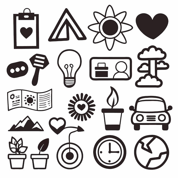 Handdrawn black and white icons set with love nature travel and more