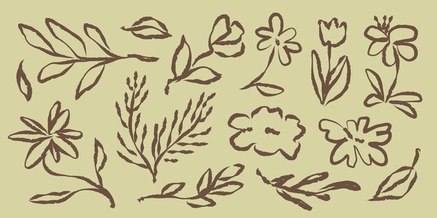 Handdrawn floral sketches featuring leaves and flowers Simple floral designs with leaves and flowers Artistic floral and leaf sketches in brown Hand drawn botanical illustrations vector set