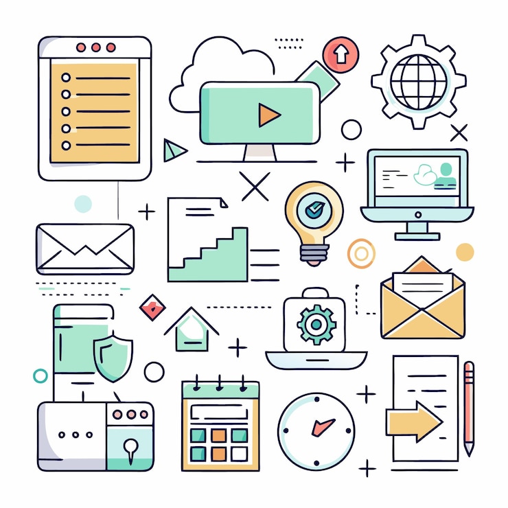 Vector handdrawn line icons of business processes with time management security and social media